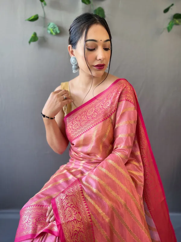 Light_Pink_Pure_Organza_Weaved_Leheriya_Saree_With_Blouse_Piece_Attached